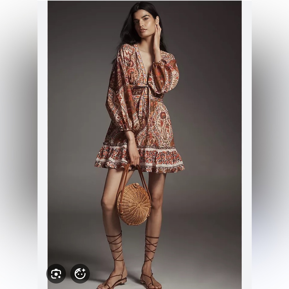 NWT Farm Rio Romantic Nature Multicolor V-Neck Puff-Sleeve Mini Dress - M